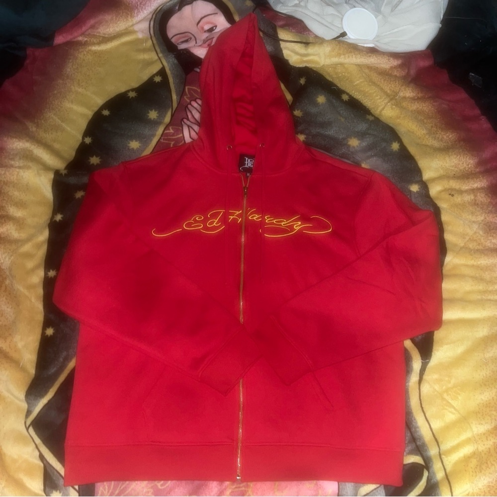 Ed Hardy Red Hoodie with Gold Logo
